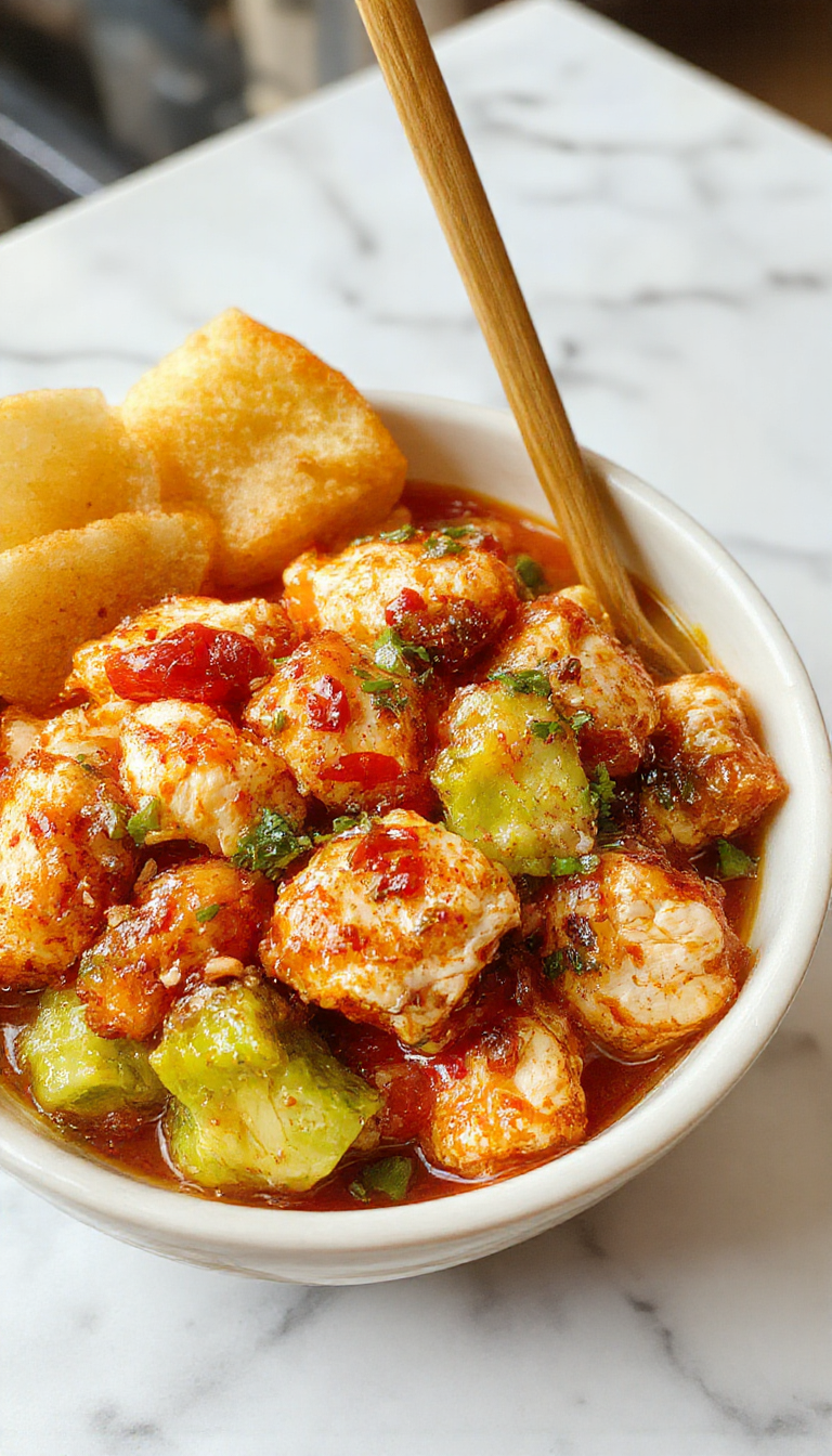A vibrant chicken bowl featuring golden crispy chicken pieces coated in a creamy spicy sauce, nestled on a bed of fresh lettuce, colorful bell peppers, and shredded carrots. The dish is garnished with sliced green onions and sesame seeds, served on a rustic white plate with a side of crisp vegetables and a drizzle of sauce. The background has a blurred kitchen setting with natural lighting highlighting the textures and colors.
