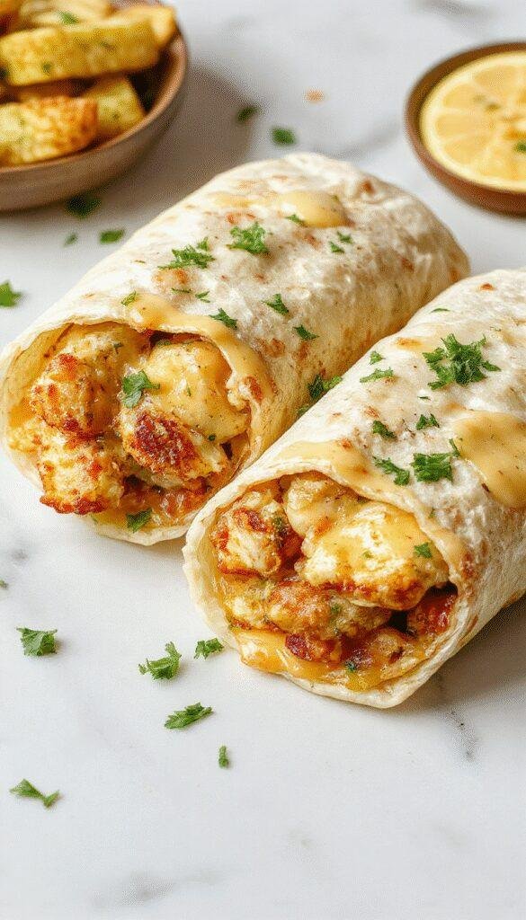 A vibrant plate of ooey-gooey cheesy garlic chicken wraps showing golden-brown toasted tortillas filled with melted cheese, tender chicken pieces, and fresh herbs, garnished with chopped parsley and drizzled with garlic sauce, highlighting textures and rich colors.
