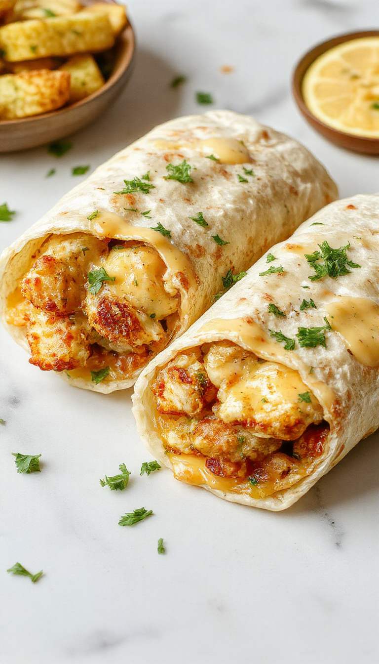 A vibrant plate of ooey-gooey cheesy garlic chicken wraps showing golden-brown toasted tortillas filled with melted cheese, tender chicken pieces, and fresh herbs, garnished with chopped parsley and drizzled with garlic sauce, highlighting textures and rich colors.