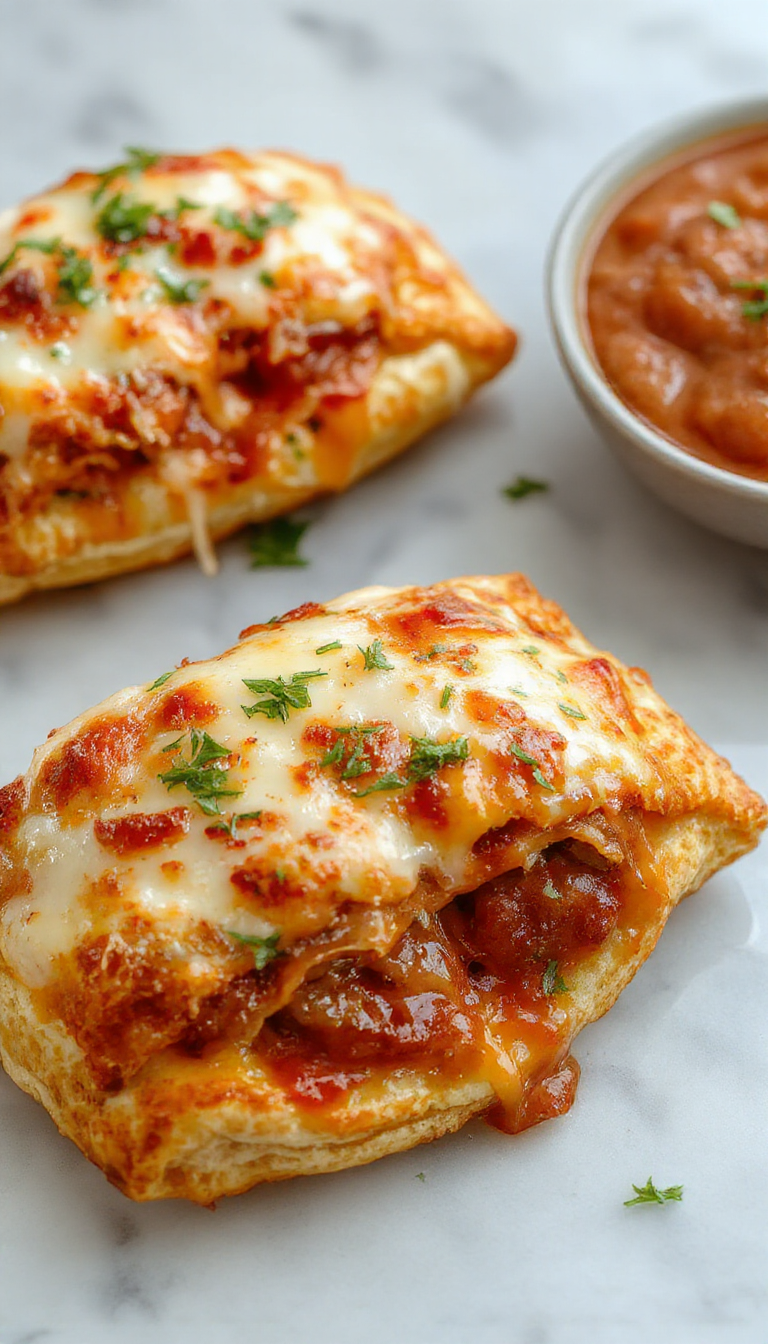 Golden brown pizza pockets filled with melted cheese and savory toppings, arranged neatly on a rustic wooden platter. The pockets are crispy and flaky, with bubbling cheese visible through small openings, garnished with fresh herbs and served alongside a marinara dipping sauce, creating an appetizing and colorful display.