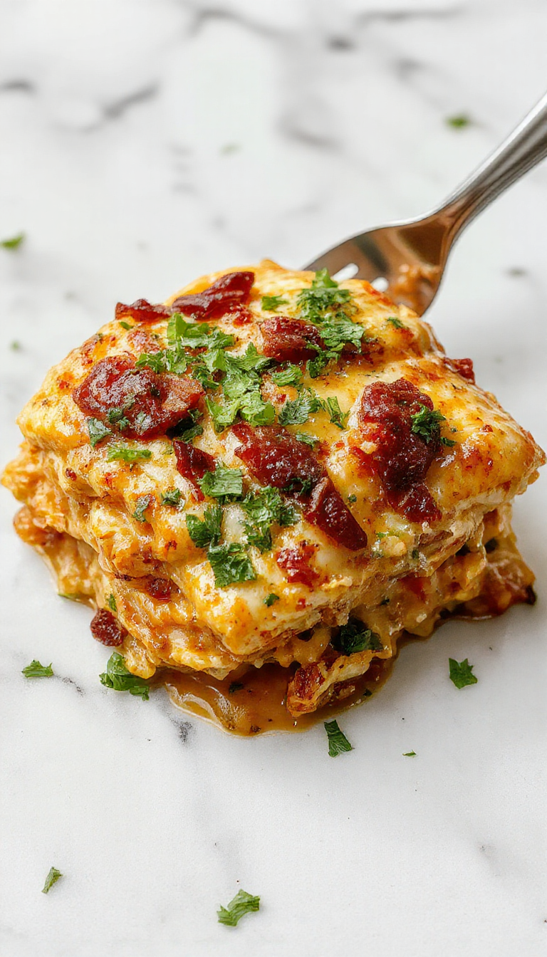 A colorful chicken burrito casserole served in a square dish topped with melted cheese, sliced jalapenos, diced tomatoes, and fresh cilantro, with a side of sour cream and lime wedges, showcasing a golden-brown crust with vibrant red, green, and white toppings