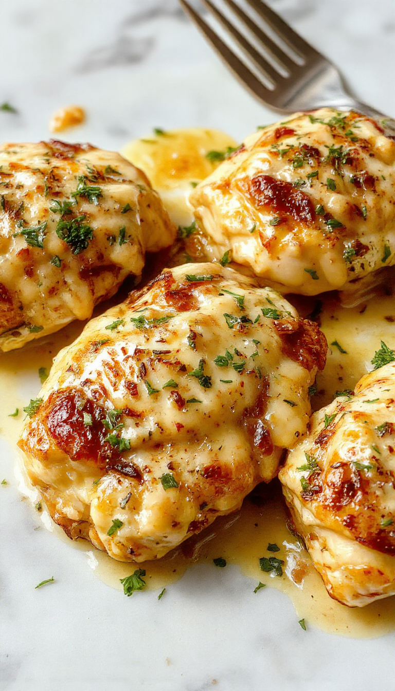 Plate of golden-brown oven baked chicken thighs topped with a creamy sauce, garnished with fresh herbs, served on a rustic wooden table with a side of vegetables, vibrant colors of chicken contrast with rich sauce textures.