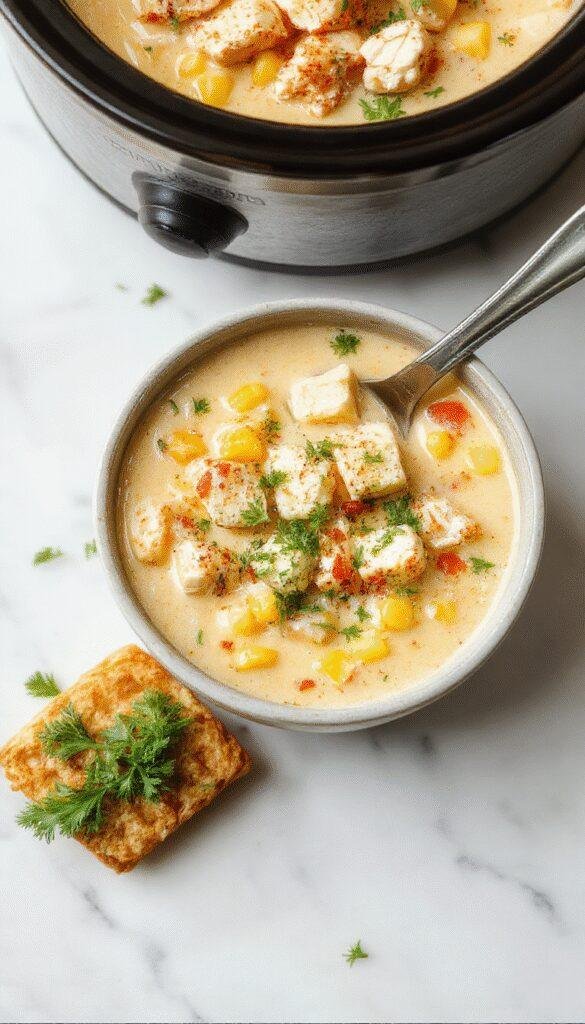 A steaming bowl of creamy chicken corn chowder garnished with chopped green onions and crispy bacon bits, served on a rustic wooden table with a ceramic spoon, vibrant yellow corn, tender shredded chicken, and smooth soup contrasting with fresh herbs and a cozy autumn setting.