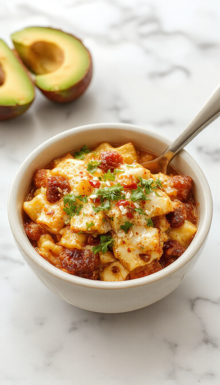 A colorful bowl of Crockpot Taco Pasta featuring spiral pasta coated in a savory beef and tomato sauce, topped with fresh shredded cheese, chopped cilantro, and sliced jalapenos. The dish is plated on a rustic wooden table with a spoon and a side of lime wedges, showcasing vibrant reds, greens, and creamy textures.