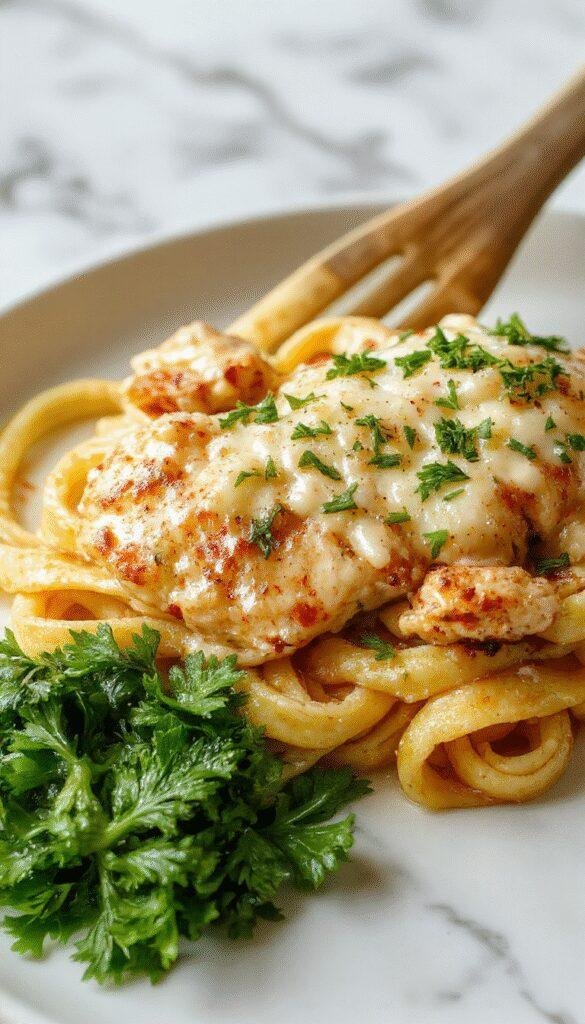 A vibrant plate of creamy garlic parmesan chicken pasta featuring golden-brown tender chicken slices atop al dente pasta, garnished with fresh parsley and grated Parmesan cheese, with a creamy sauce drizzled over, contrasting against a rustic wooden table background.