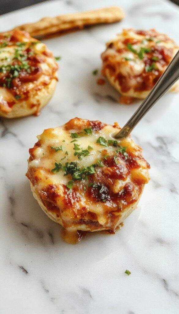 A close-up shot of a golden-brown French Onion Soup Pizza topped with bubbly melted cheese, caramelized onions, and crispy crust, served on a rustic wooden board with fresh herbs and a side of caramelized onions.