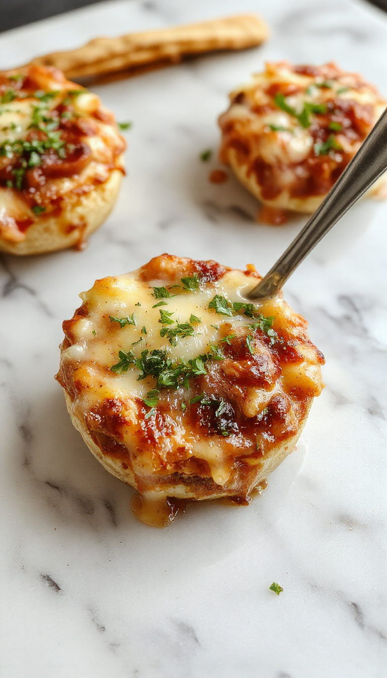 A close-up shot of a golden-brown French Onion Soup Pizza topped with bubbly melted cheese, caramelized onions, and crispy crust, served on a rustic wooden board with fresh herbs and a side of caramelized onions.