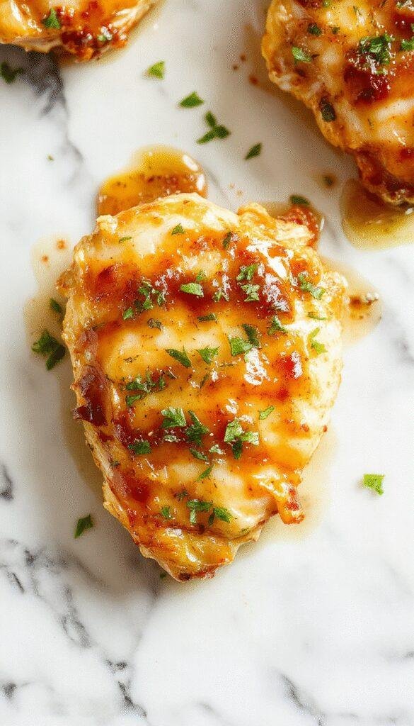 A close-up of golden-brown honey garlic chicken breasts arranged on a white plate with a drizzle of glossy honey sauce, garnished with chopped green onions and black pepper, served alongside fresh steamed vegetables and white rice, styled on a rustic wooden table with a light background.