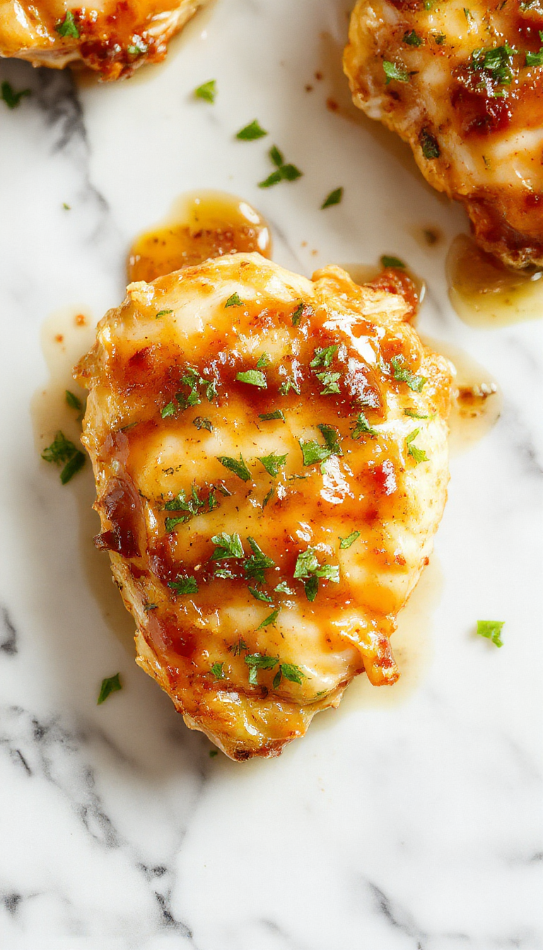 A close-up of golden-brown honey garlic chicken breasts arranged on a white plate with a drizzle of glossy honey sauce, garnished with chopped green onions and black pepper, served alongside fresh steamed vegetables and white rice, styled on a rustic wooden table with a light background.