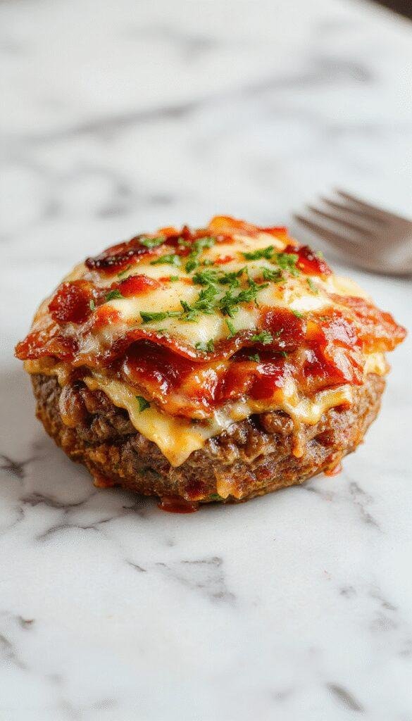 A delicious low-carb bacon cheeseburger bake served in a baking dish, topped with melted cheese, crispy bacon, and fresh herbs.
