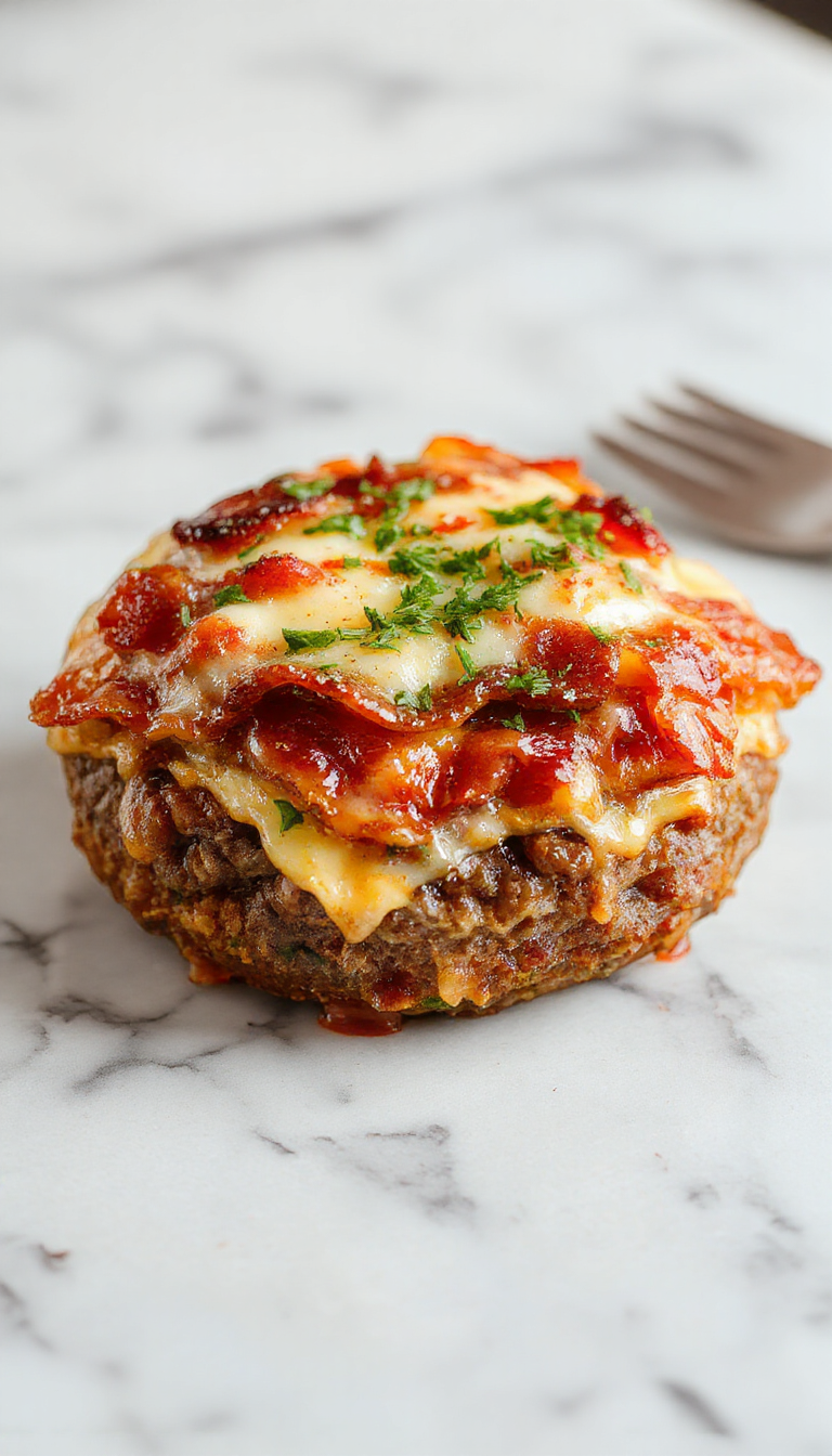 A delicious low-carb bacon cheeseburger bake served in a baking dish, topped with melted cheese, crispy bacon, and fresh herbs.