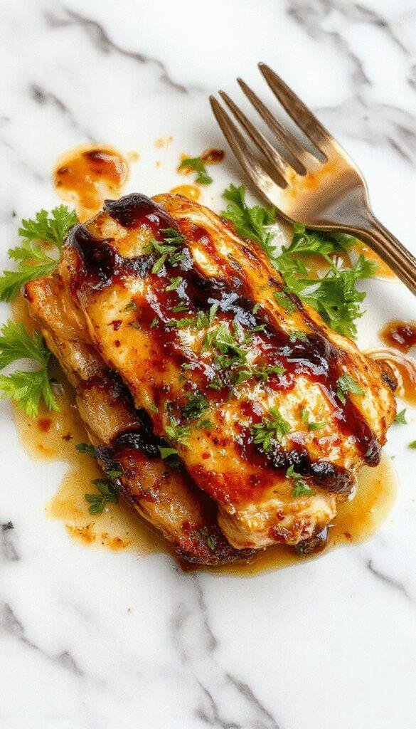 A vibrant plated dish featuring juicy grilled chicken breasts glazed with a glossy balsamic reduction sauce, garnished with fresh herbs and colorful cherry tomatoes, set on a rustic wooden table with a sprig of rosemary for decoration.