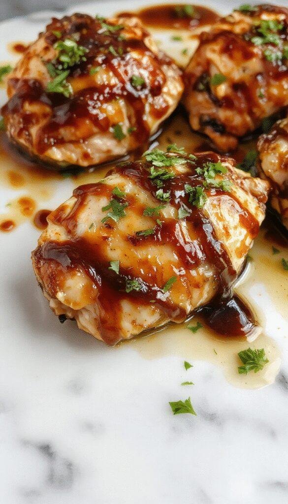 A vibrant plated dish featuring tender chicken breasts glazed with a rich balsamic reduction, garnished with fresh herbs on a rustic wooden table, with colorful roasted vegetables on the side.