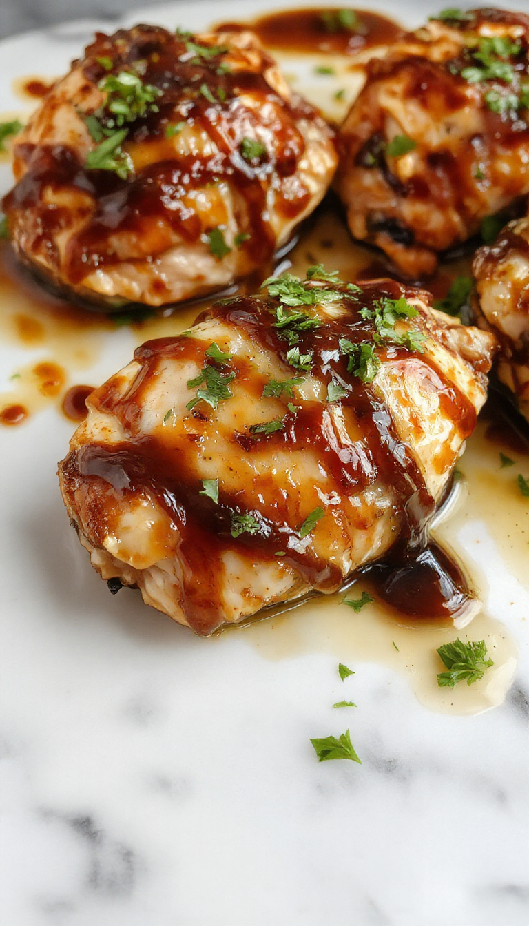 A vibrant plated dish featuring tender chicken breasts glazed with a rich balsamic reduction, garnished with fresh herbs on a rustic wooden table, with colorful roasted vegetables on the side.