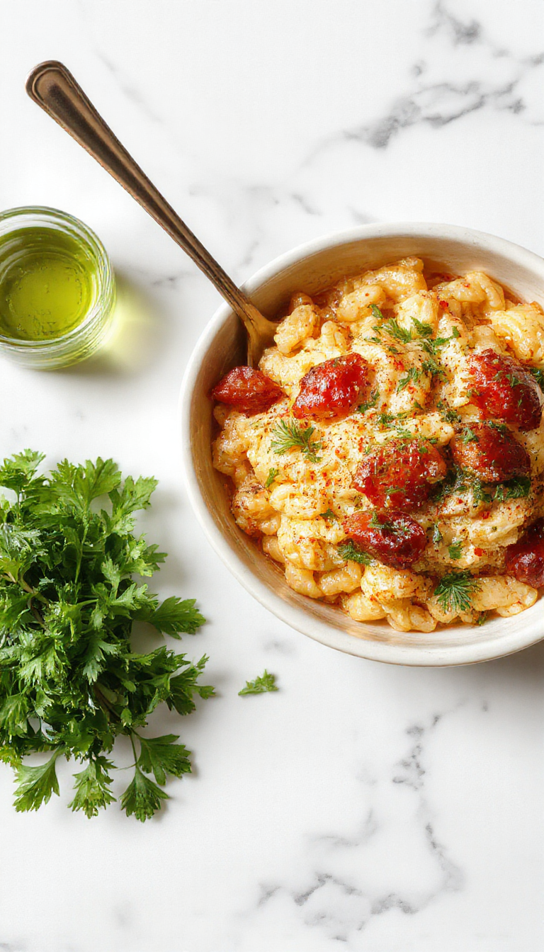 A vibrant plate featuring perfectly cooked orzo pasta mixed with colorful cherry tomatoes, fresh herbs, and grated Parmesan cheese, garnished with basil leaves, set on a rustic wooden table with a drizzle of olive oil.
