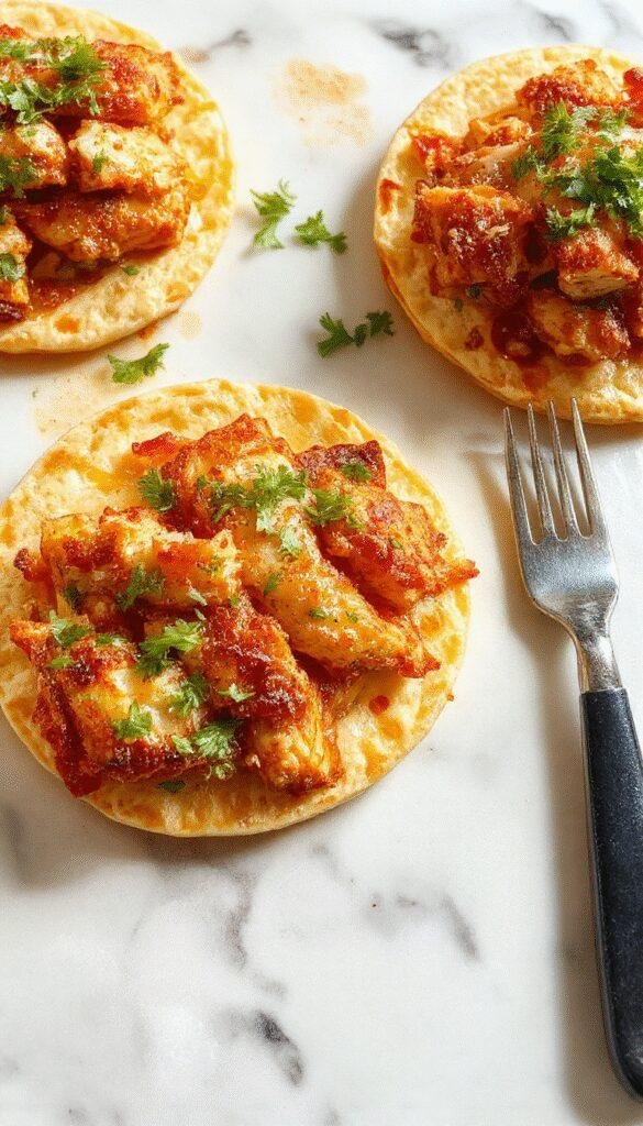 A vibrant plate featuring golden crispy tortillas topped with shredded rotisserie chicken, diced tomatoes, fresh lettuce, and drizzled with creamy sauce, garnished with cilantro, all arranged artfully on a rustic wooden table with colorful ingredients in the background.