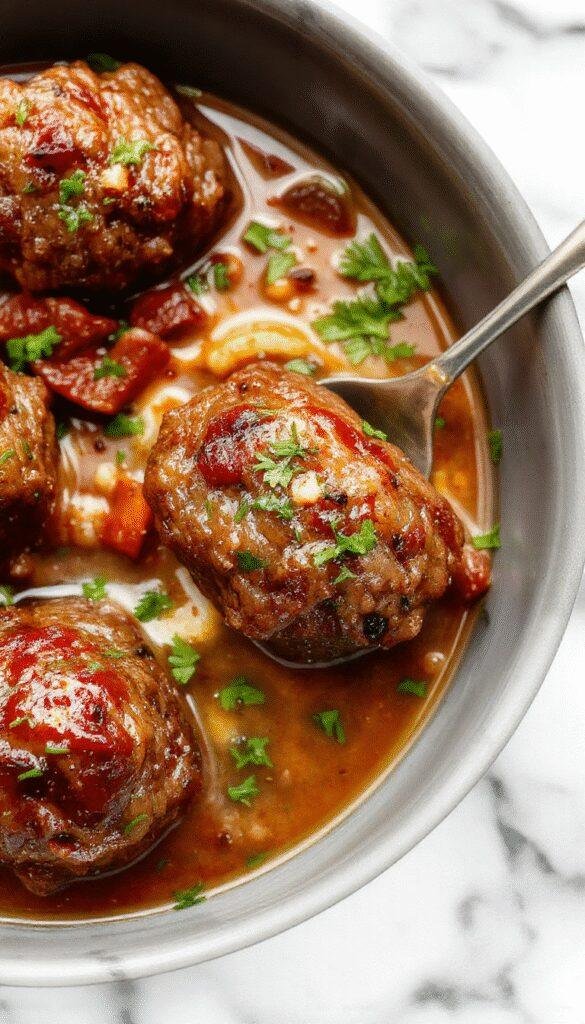 A close-up shot of a steaming bowl of Salisbury steak meatballs in rich gravy, garnished with fresh herbs, served on a rustic plate with mashed potatoes and green beans, vibrant colors highlighting the savory textures and glossy sauce.