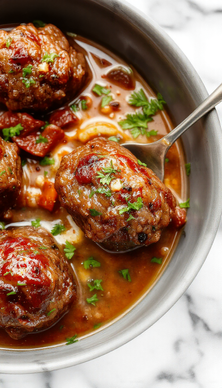 A close-up shot of a steaming bowl of Salisbury steak meatballs in rich gravy, garnished with fresh herbs, served on a rustic plate with mashed potatoes and green beans, vibrant colors highlighting the savory textures and glossy sauce.