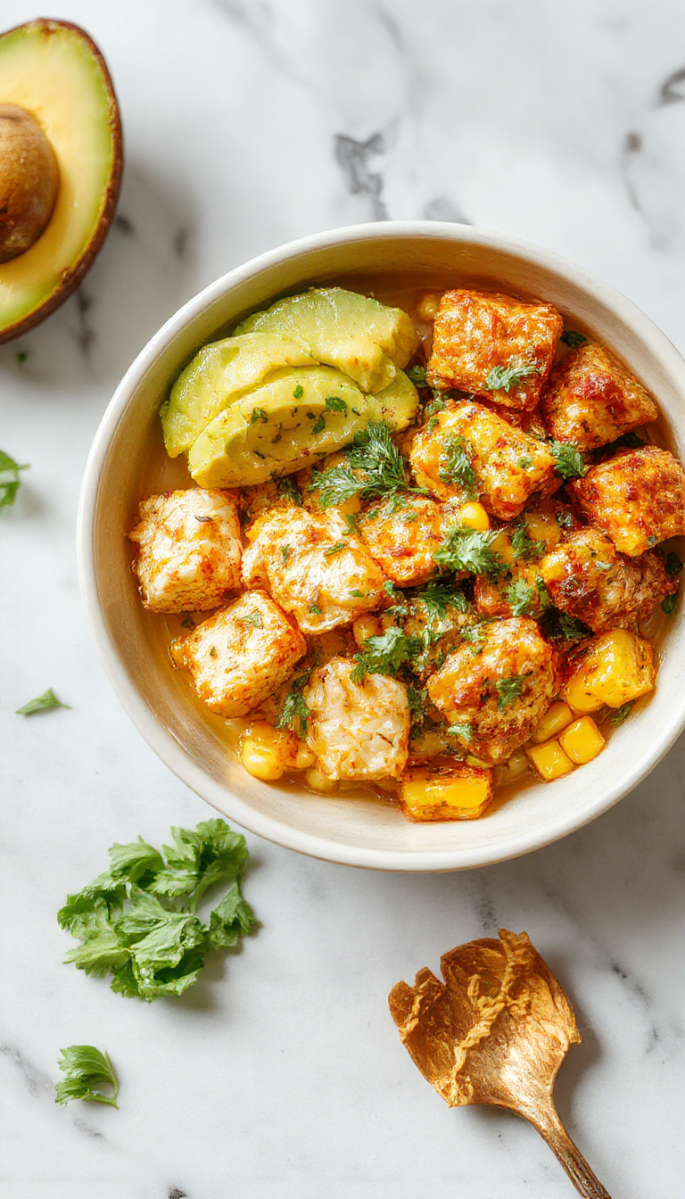 A vibrant Mexican-inspired chicken bowl featuring grilled chicken topped with colorful street corn ingredients like cotija cheese, lime, and chili powder. The bowl is beautifully arranged with fresh cilantro, sliced avocado, and creamy sauce, served on a rustic wooden table with bright natural lighting highlighting the textures and colors.