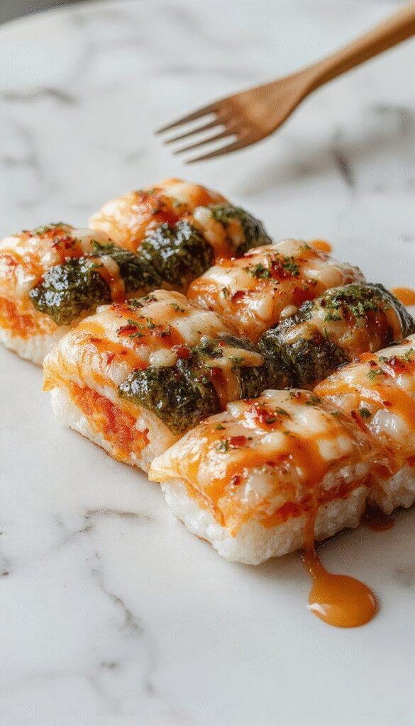 Colorful sushi bake served in a white ceramic dish, featuring layers of sushi rice, fresh sliced seafood, avocado, and spicy mayo drizzled on top, garnished with green onions and sesame seeds, styled with chopsticks and soy sauce for an inviting Asian-inspired presentation.