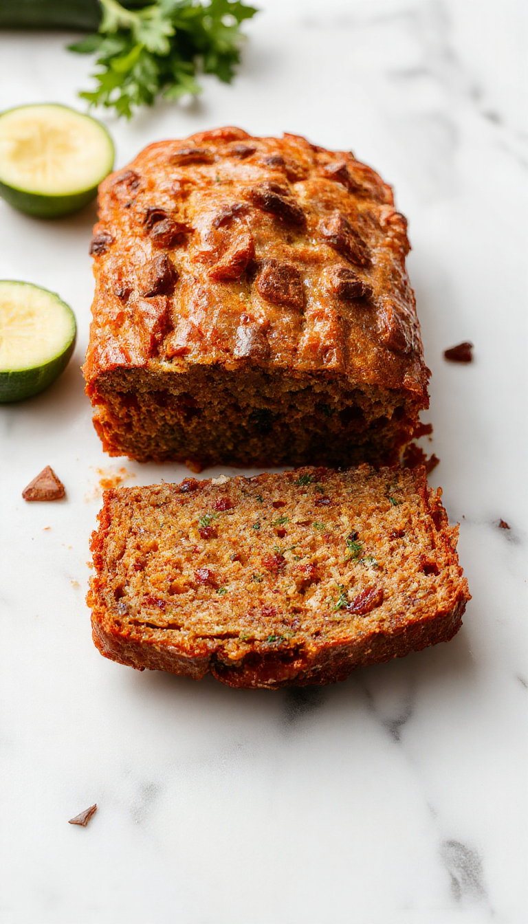 A freshly sliced zucchini loaf cake with golden crust and tender interior, garnished with fresh zucchini slices and a drizzle of glaze