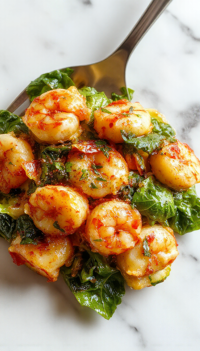 A plate of luxurious velvety shrimp and spinach tortellini garnished with fresh herbs and served with a creamy sauce on a rustic wooden table.
