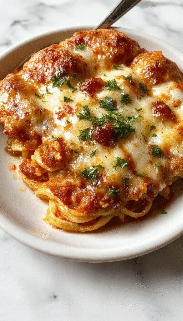 A baked spaghetti casserole in a ceramic dish topped with melted cheese and fresh herbs, steam rising, serving a comforting and hearty meal.