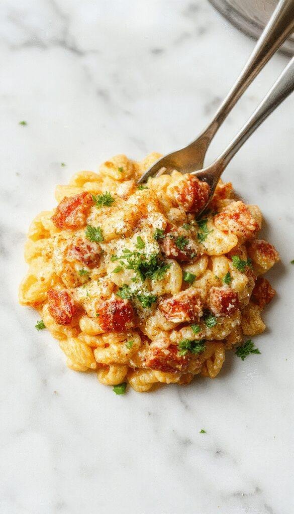 A warm, bubbling bowl of cheesy orzo pasta garnished with fresh herbs, served in a rustic skillet on a wooden table.