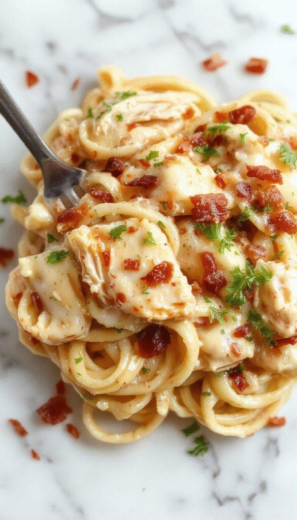 A bowl of creamy chicken bacon ranch pasta garnished with fresh herbs, showcasing tender chicken, crispy bacon, and a rich, cheesy sauce.