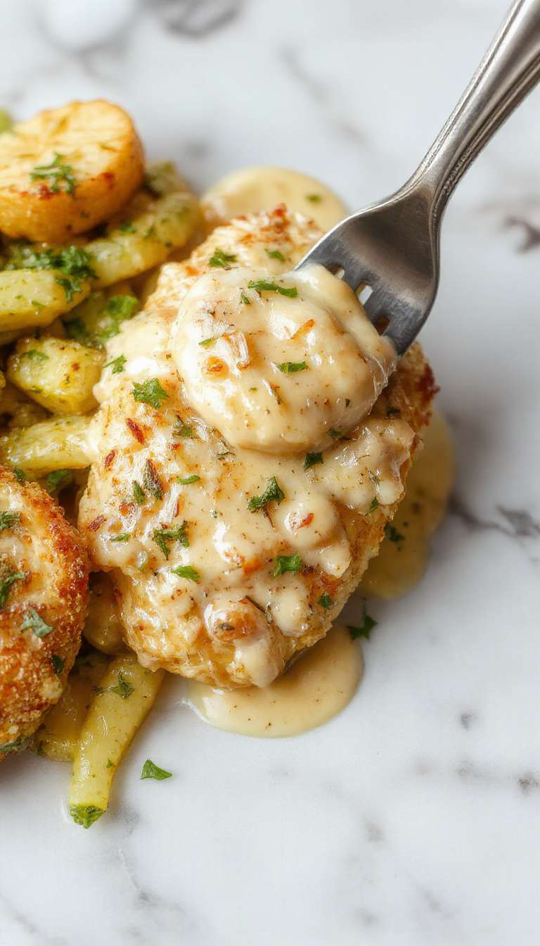 Creamy Garlic Parmesan Chicken Alfredo served on a white plate with a side of steamed vegetables, garnished with fresh parsley.