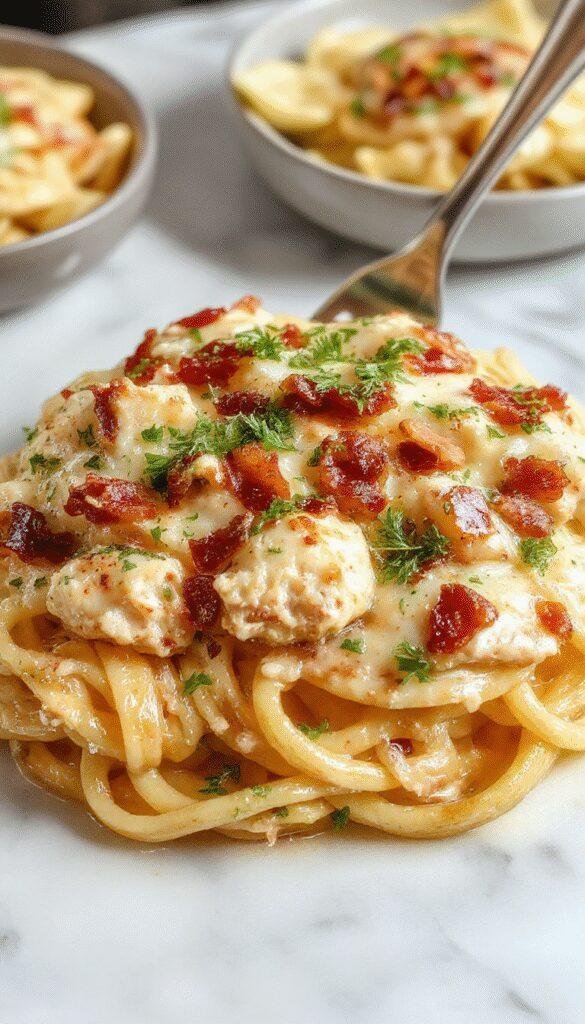 A plate of Creamy Chicken Bacon Ranch Pasta topped with crispy bacon and fresh herbs, served in a white bowl on a rustic wooden table.