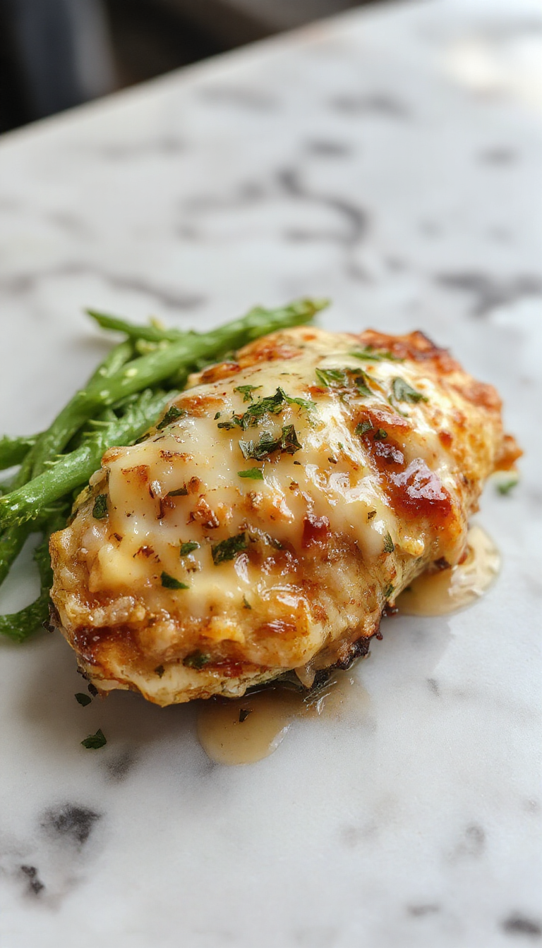 Golden garlic Parmesan chicken served with a sprinkle of herbs on a rustic wooden platter
