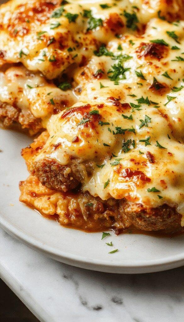 A serving of Dreamy Ranch Sausage Bake topped with melted cheese and fresh herbs on a baking dish