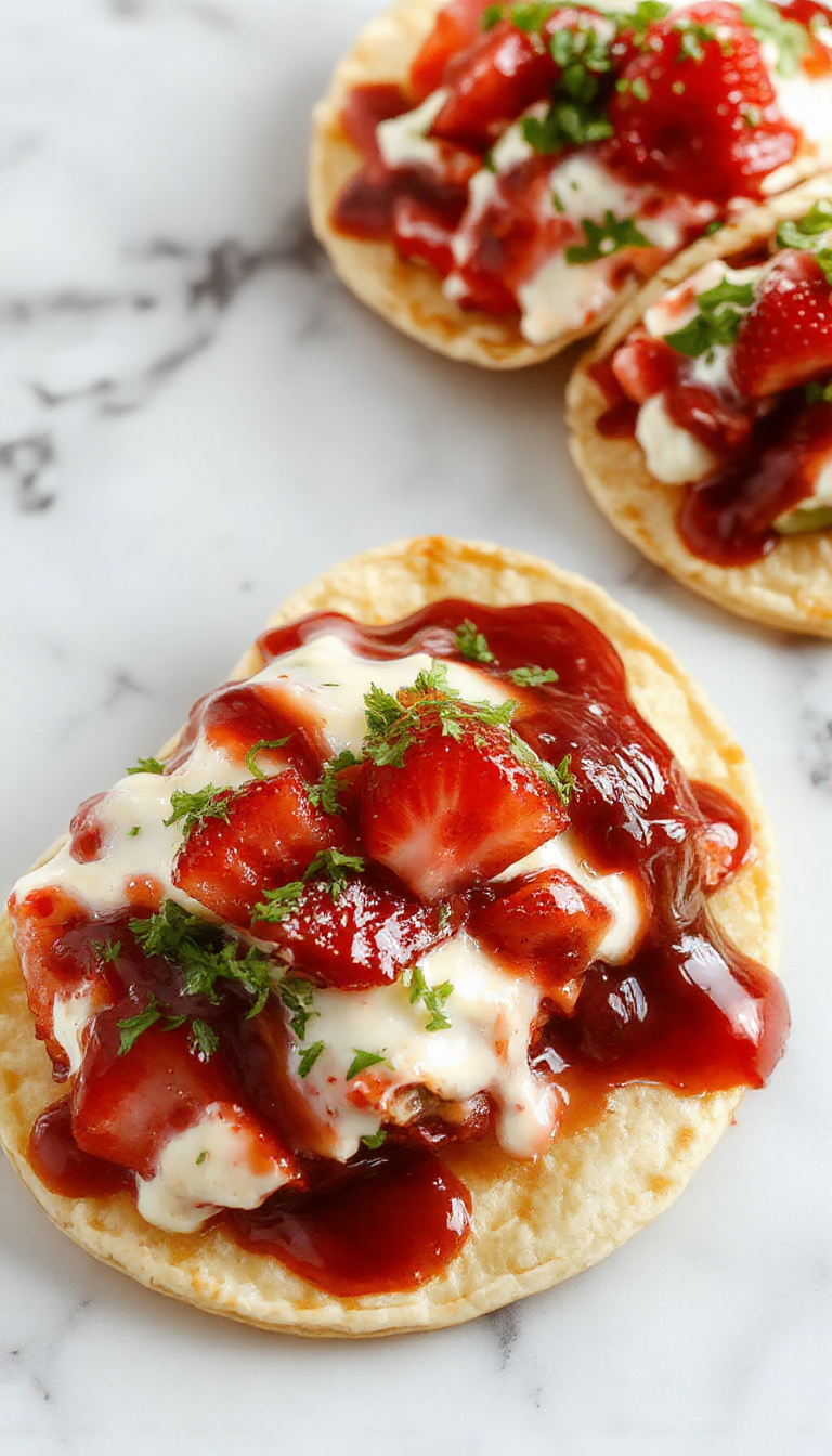 Close-up of dreamy strawberry cheesecake tacos featuring creamy cheesecake filling, fresh strawberries, and crispy taco shells.
