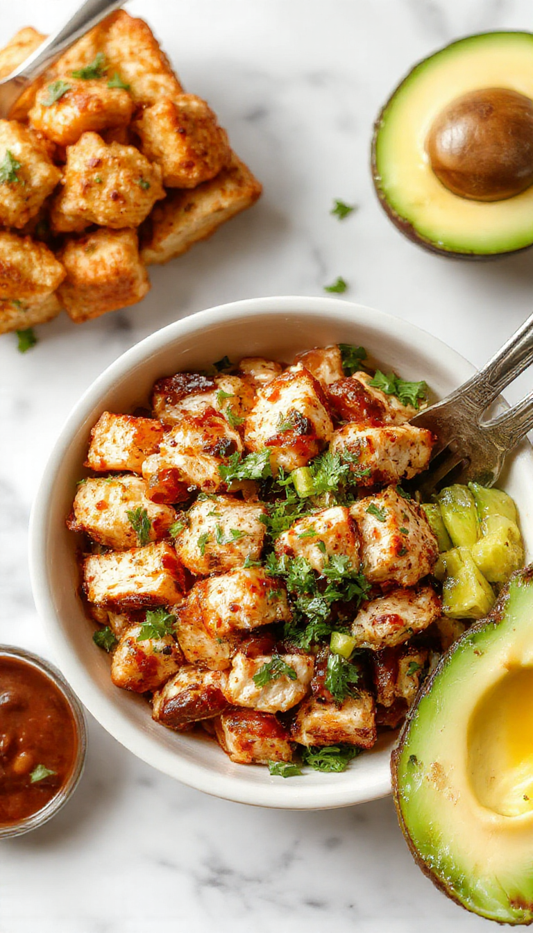 A vibrant chicken power bowl filled with grilled chicken, colorful vegetables, quinoa, and a drizzle of sauce, perfect for a healthy meal.