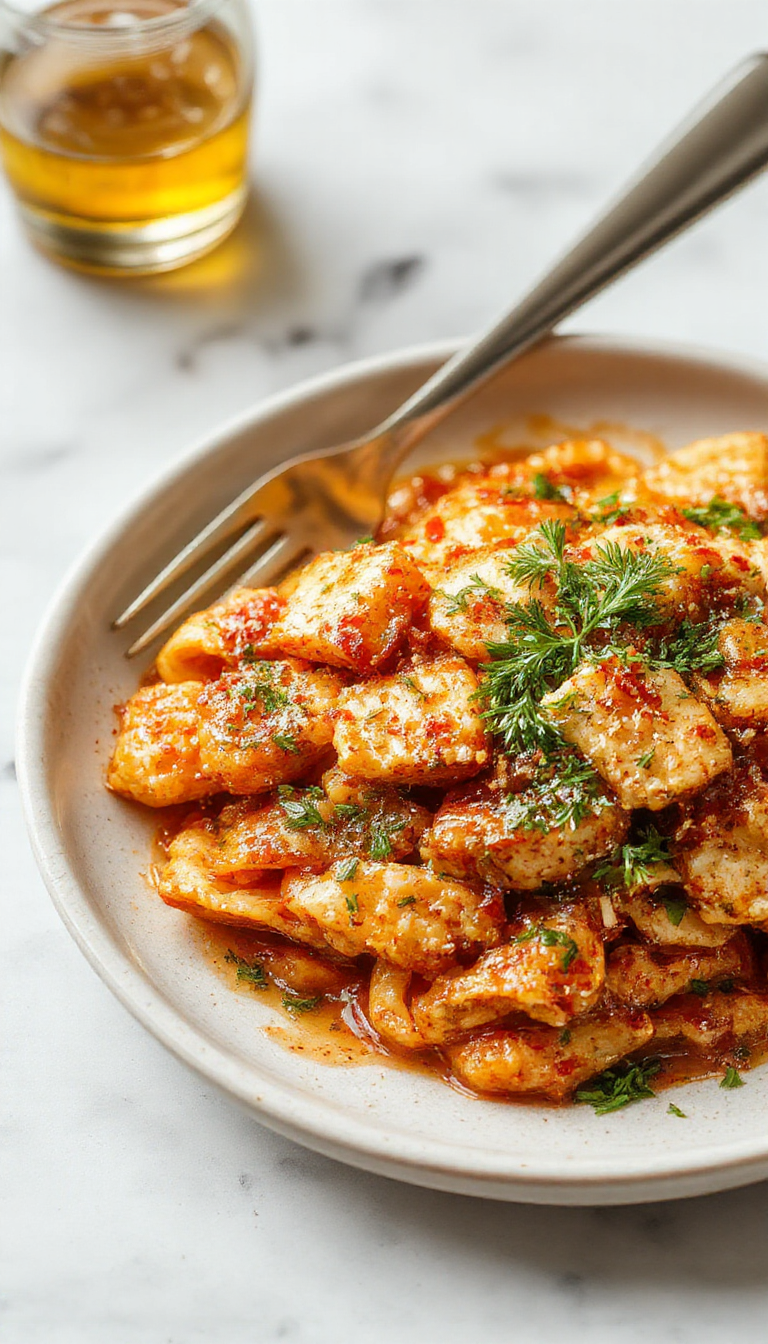A vibrant plate of Honey Pepper Chicken Pasta garnished with fresh herbs, showcasing golden crispy chicken strips mixed with colorful pasta and peppers.