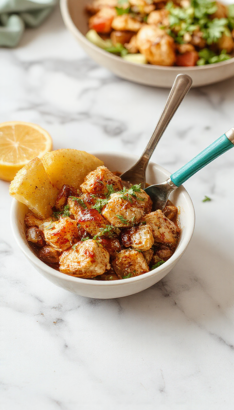 A vibrant chicken bowl with colorful vegetables, rice, and sauce, ready for a delicious weeknight dinner.