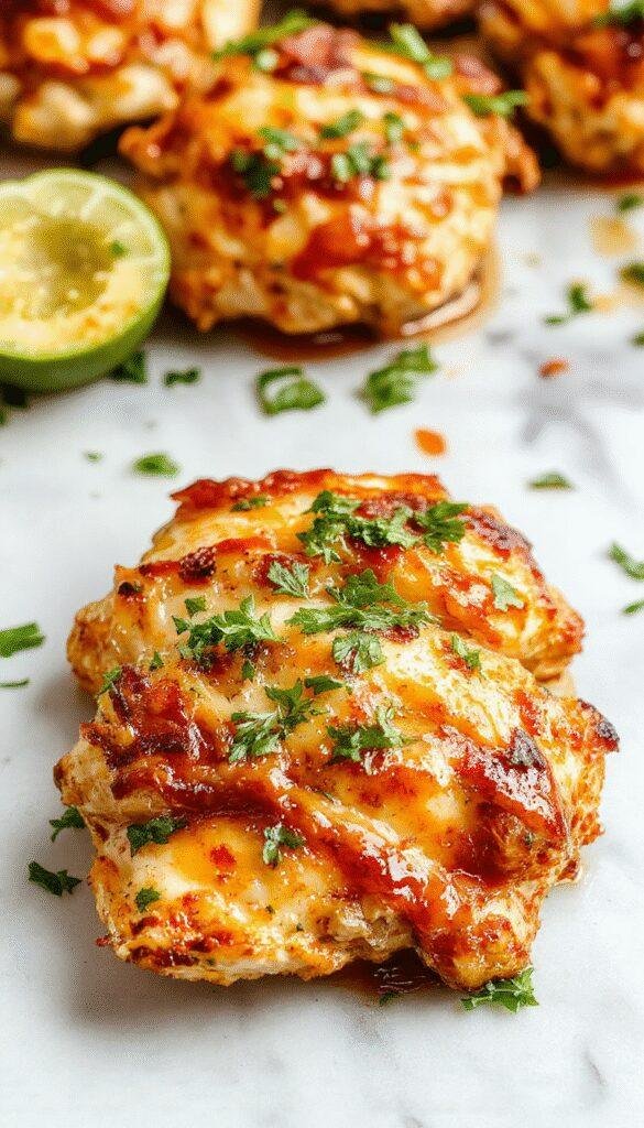 Colorful chicken fajitas arranged on a white rectangular sheet pan, vibrant red and green peppers, tender sliced chicken, topped with melted cheese, garnished with cilantro, with a rustic wooden background.