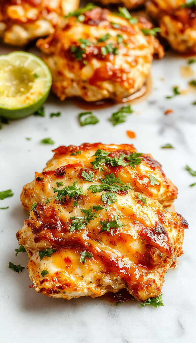 Colorful chicken fajitas arranged on a white rectangular sheet pan, vibrant red and green peppers, tender sliced chicken, topped with melted cheese, garnished with cilantro, with a rustic wooden background.