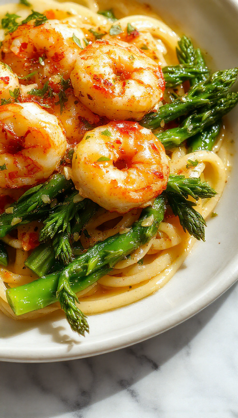 Colorful dish featuring tender green asparagus spears and succulent pink shrimp arranged over a bed of airy angel hair pasta, garnished with fresh herbs and a drizzle of olive oil, styled on a white plate with a rustic wooden background.
