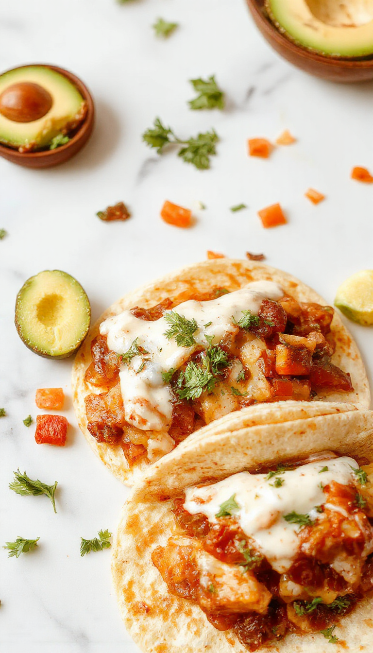 Colorful skillet of fajitas featuring marinated sliced bell peppers, onions, and tender strips of chicken and beef arranged on a white plate with a side of warm tortillas, garnished with fresh cilantro and lime wedges, showcasing vibrant reds, greens, and golden browns, styled for a rustic and inviting presentation.