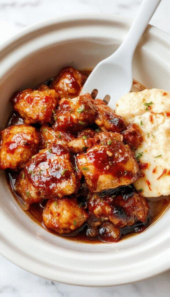 A vibrant plate showcasing tender shredded chicken glazed in glossy teriyaki sauce, garnished with sesame seeds and chopped green onions, served over steamed rice with chopsticks on a rustic wooden table