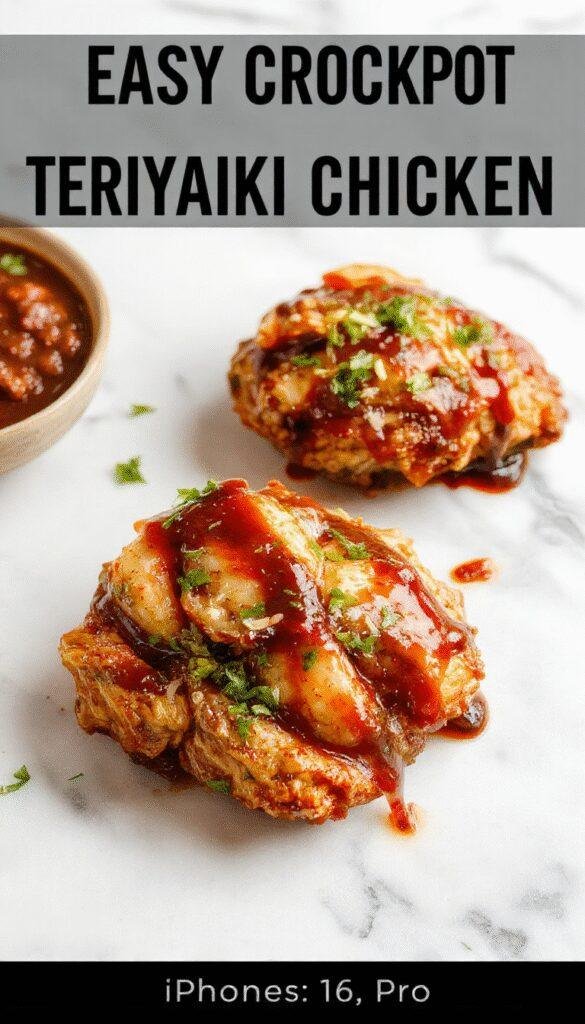 A vibrant plate of shredded crockpot teriyaki chicken glazed in rich brown sauce, garnished with sesame seeds and chopped green onions, served on a rustic white plate with a background of chopsticks and fresh vegetables, highlighting its glossy texture and savory appeal.