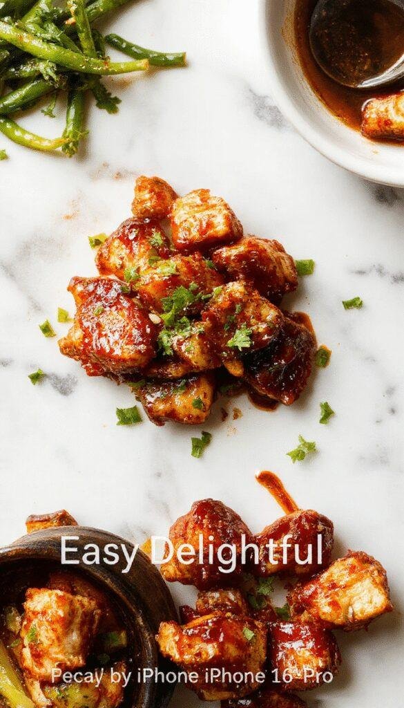 A vibrant plate of stir fry teriyaki chicken featuring golden-brown chicken pieces coated in glossy teriyaki sauce, colorful julienned vegetables including red bell peppers, broccoli, and carrots, garnished with sesame seeds and chopped green onions on a white ceramic plate set against a rustic wooden table with a pair of chopsticks.