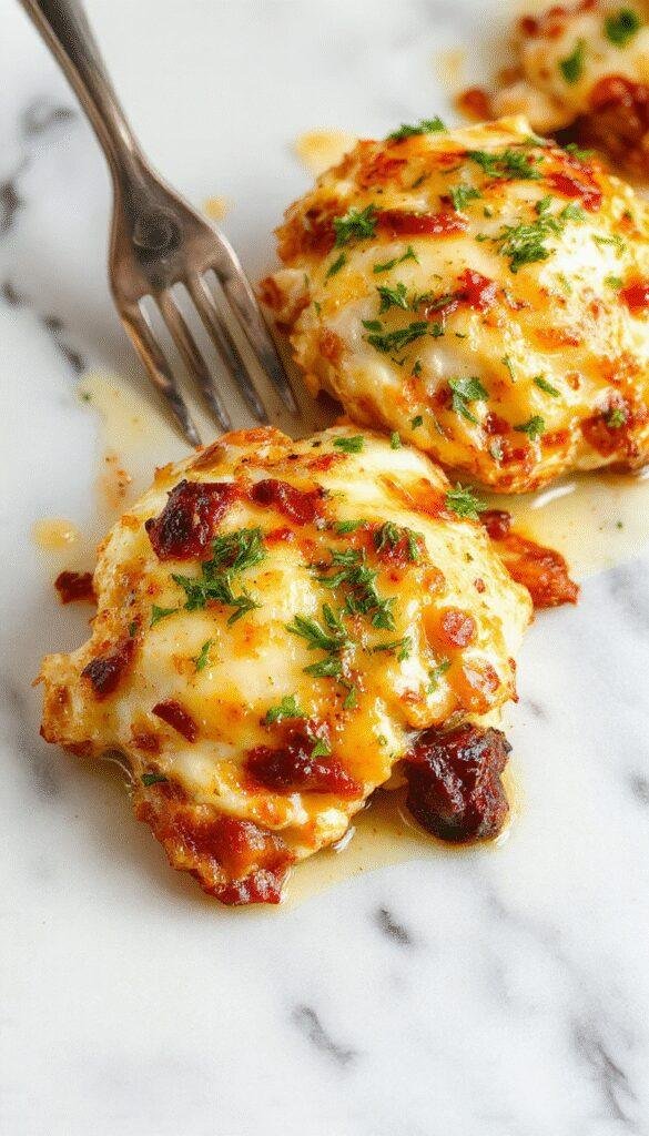 A vibrant yellow and white ceramic baking dish filled with a golden-brown chicken casserole, topped with melted cheese and garnished with fresh herbs, surrounded by a colorful assortment of vegetables on a rustic wooden table.