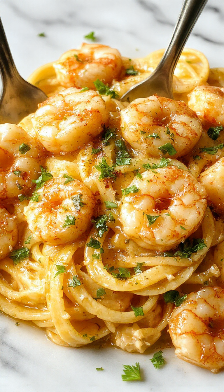 A vibrant plate of garlic butter shrimp pasta featuring plump shrimp coated in glossy garlic butter sauce, nestled on a bed of al dente pasta with herbs and lemon slices for garnish, styled simply on a white plate with a sprinkle of parsley and a lemon wedge background.