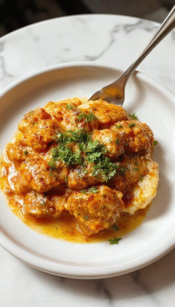 A vibrant plate of homemade butter chicken featuring tender chunks of chicken coated in a rich, creamy orange-colored sauce, garnished with fresh cilantro, served alongside fluffy basmati rice in a rustic bowl, with a sprig of cilantro and a slice of naan bread in the background, styled for a welcoming, home-cooked meal.