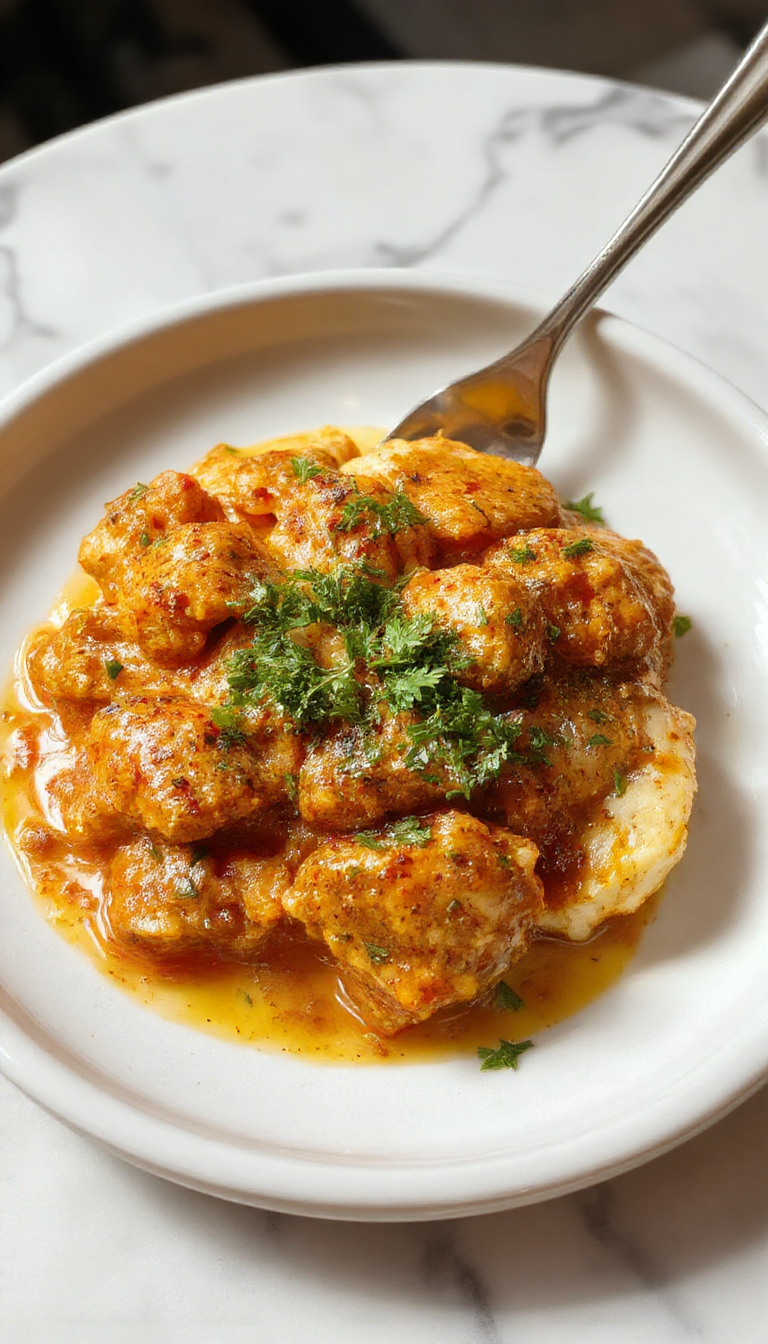 A vibrant plate of homemade butter chicken featuring tender chunks of chicken coated in a rich, creamy orange-colored sauce, garnished with fresh cilantro, served alongside fluffy basmati rice in a rustic bowl, with a sprig of cilantro and a slice of naan bread in the background, styled for a welcoming, home-cooked meal.