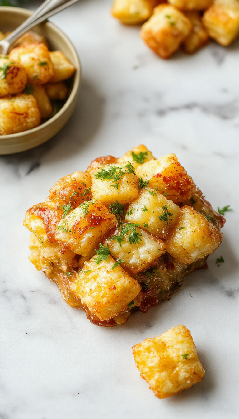 A golden baked tater tot casserole served in a rustic ceramic dish, topped with melted cheese and garnished with chopped parsley, with crispy tater tots arranged on top against a warm, inviting background.