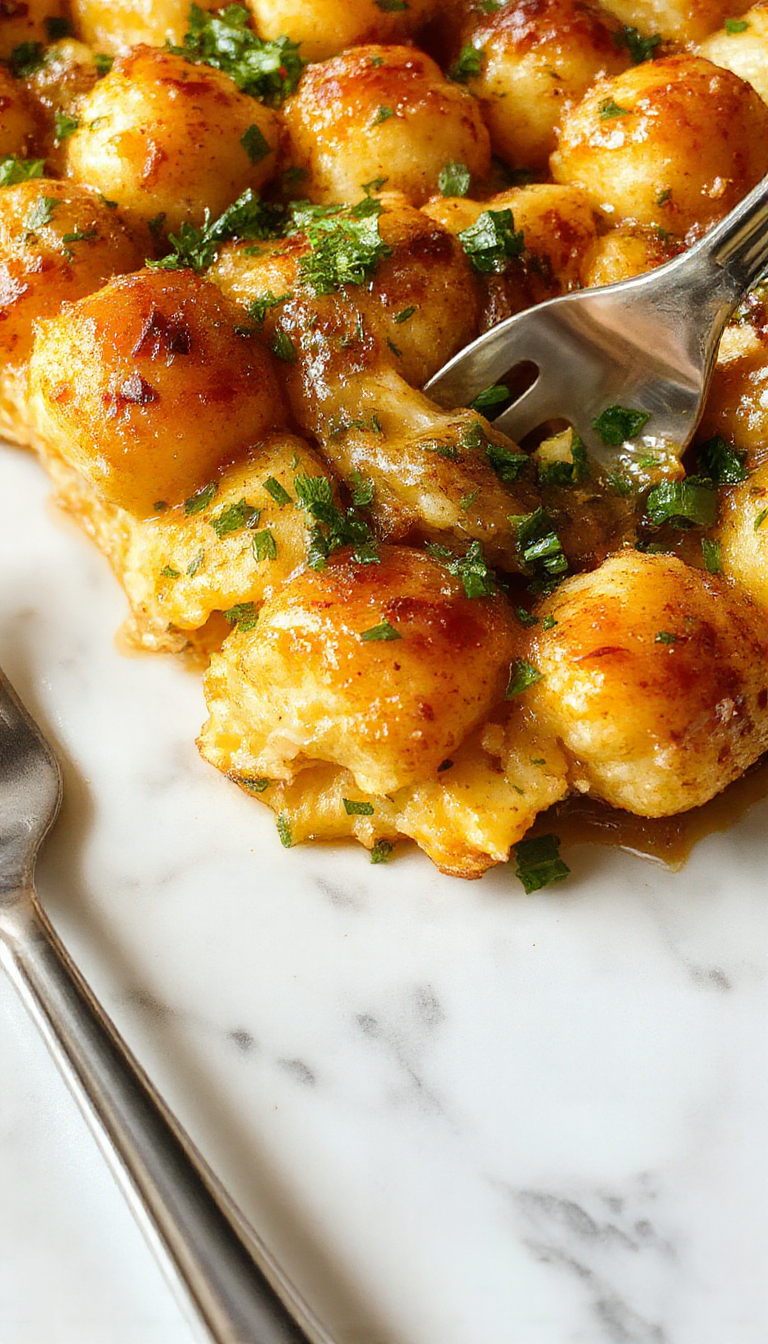 A golden-brown tater tot casserole in a square dish with crispy tater tots on top, melted cheese bubbling around the edges, garnished with chopped green onions, styled on a rustic wooden table with natural lighting emphasizing the crispy textures and creamy interior.